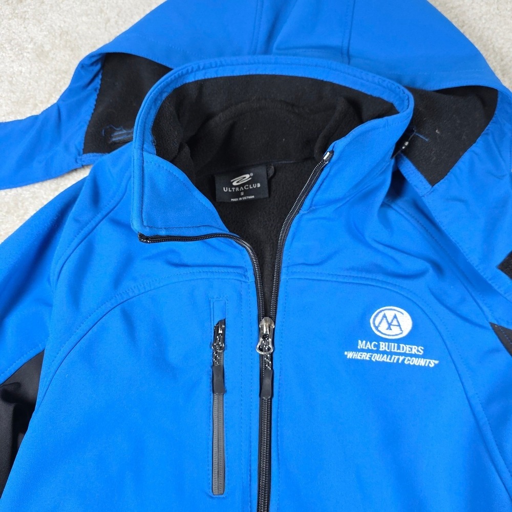 UltraClub Softshell Jacket Mens Small Blue Black Hooded Full Zip Mac Builders